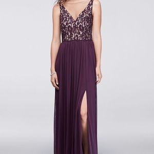 Plum Bridesmaid V-Neck Lace and Mesh Dress